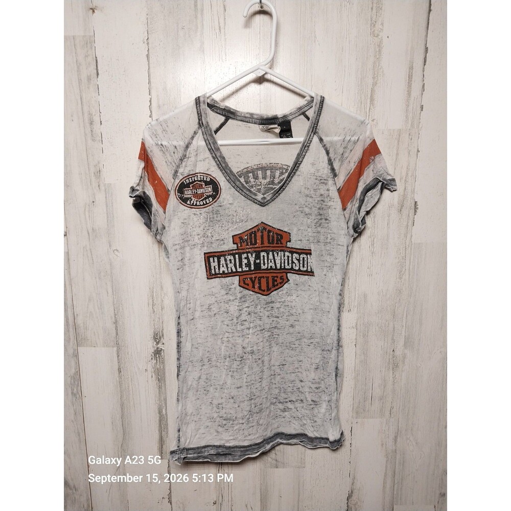 Harley Davidson gray V-neck graphic Burnout Tee Womens Size Large